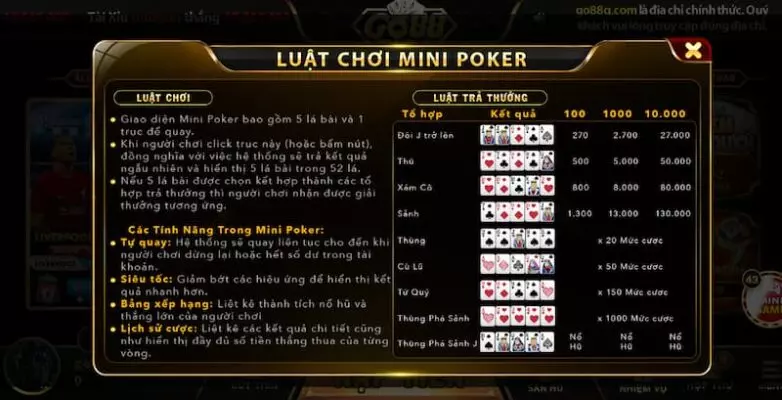 Thứ tự quan trọng của các tay bài trong game mini poker tại Go88 ios